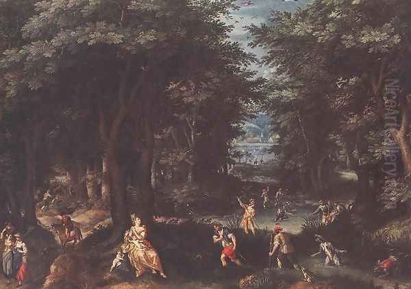 Landscape with Leto and Peasants of Lykia Oil Painting by Gillis van Coninxloo