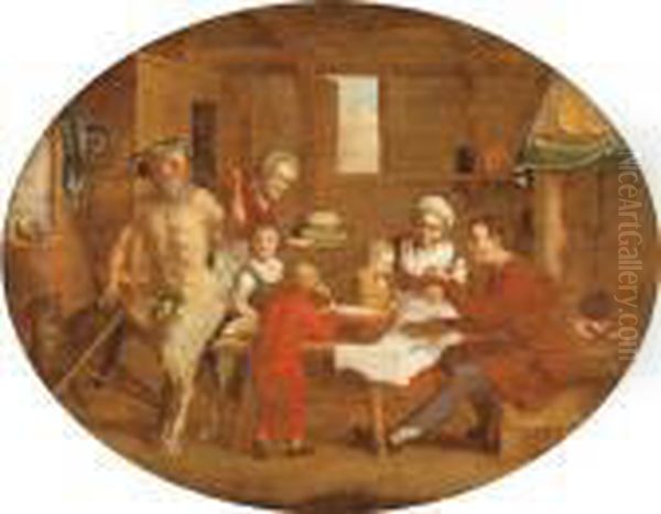 The Fable Of The Satyr And The Peasant Family Oil Painting by Hans III Jordaens