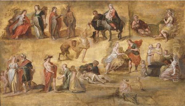 Mythological And Religious Scenes: A Workshop Modello Oil Painting by Hans III Jordaens