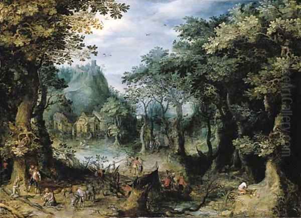 Woodcutters working beside a forest path near a river Oil Painting by Gillis van Coninxloo