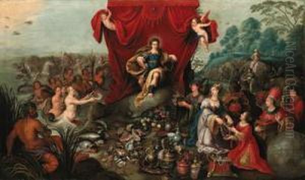 Apollo Enthroned, Presented With The Gifts Of The Continents Andoceans Oil Painting by Hans III Jordaens