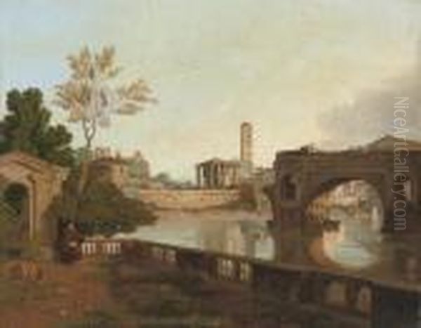 A View Of Rome With The Ponte Rotto And The Temple Of Vesta Oil Painting by Simon-Joseph-Alexandre-Clement Denis