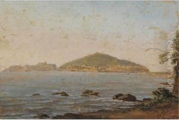 A View Of Naples From The Portici, The Castel Dell'ovo On The Left Oil Painting by Simon-Joseph-Alexandre-Clement Denis