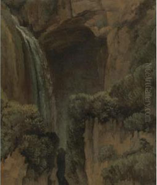 A Waterfall And A Grotto At Tivoli Oil Painting by Simon-Joseph-Alexandre-Clement Denis