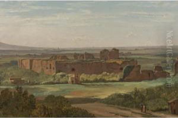 A View Of The Baths Of Caracalla, Rome, With Two Figures In The Foreground Oil Painting by Simon-Joseph-Alexandre-Clement Denis