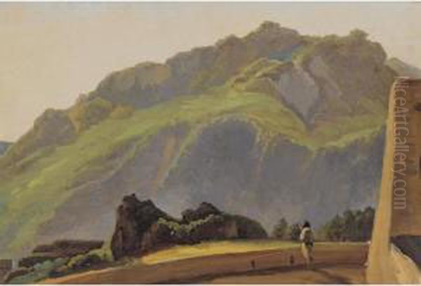 A View Of Mount Epemeo At Ischia, A Figure On A Terrace In The Foreground Oil Painting by Simon-Joseph-Alexandre-Clement Denis