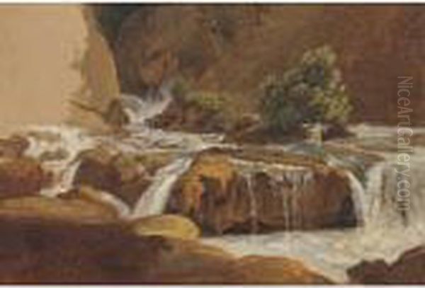 A Waterfall In A Rocky River Valley by Simon-Joseph-Alexandre-Clement Denis