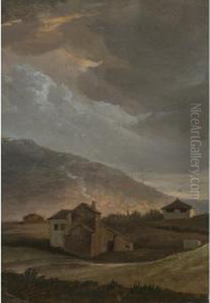 Rural Houses At Sunset On The Outskirts Of Rome Oil Painting by Simon-Joseph-Alexandre-Clement Denis