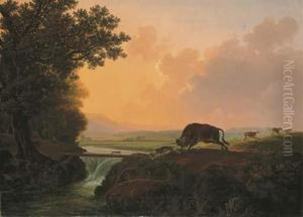 Taureaux Chargeant Des Chiens Dans La Campagne Romaine Oil Painting by Simon-Joseph-Alexandre-Clement Denis