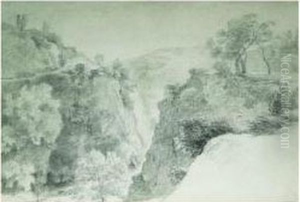 Paysage Des Environs De Rome : Les Cascades De Tivoli (?) Oil Painting by Simon-Joseph-Alexandre-Clement Denis