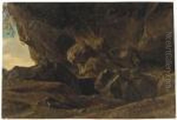 La Grotte De Vicovaro Oil Painting by Simon-Joseph-Alexandre-Clement Denis