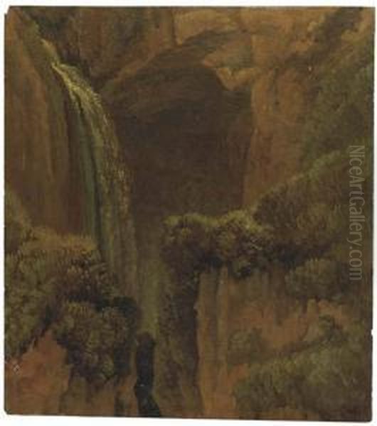 Une Chute D'eau Avec Une Grotte Naturelle A Tivoli Oil Painting by Simon-Joseph-Alexandre-Clement Denis