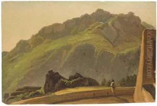 Le Mont Epomeo A Ischia, Une Terrasse Au Premier Plan Avec Une Figure Oil Painting by Simon-Joseph-Alexandre-Clement Denis