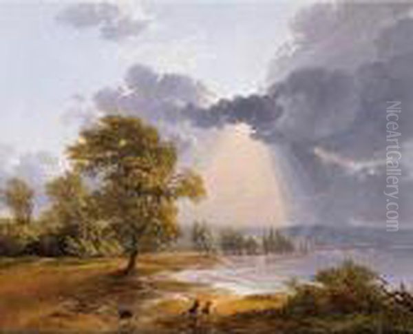 A River Landscape With An Approaching Storm, Figures Running In The Foreground Oil Painting by Simon-Joseph-Alexandre-Clement Denis