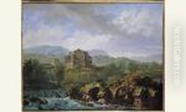 Paysage Classique Anime De Pecheurs Lancant Leur Filet Dans La Riviere Toile. by Simon-Joseph-Alexandre-Clement Denis