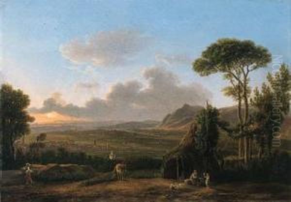 An Italianate Landscape With A Family Before A Hut, A Townbeyond Oil Painting by Simon-Joseph-Alexandre-Clement Denis