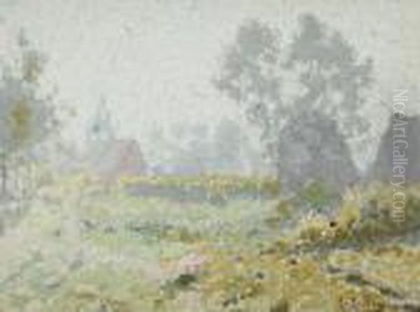 Zomerlandschap Met Kerk Enzonnebloemenveld Oil Painting by Adrien Joseph Heymans