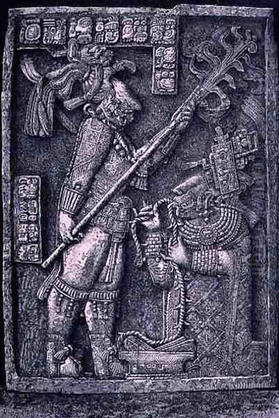 Carved stone lintel from Temple 23, Yaxchilan, 726 AD, showing the ruler Shield Jaguar and his wife, Lady Xoc, conducting a bloodletting ritual, from 'The Ancient Cities of the New World' Oil Painting by Henri Michel Antoine Chapu