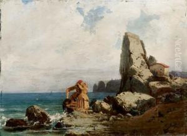 Scoglio Di Napoli, Il Bacio Della Partenza - 1870 Oil Painting by Carlo Jotti