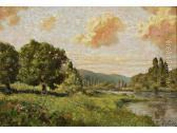 < Bord De Riviere En Ete > Huile
 Surpanneau. Signee En Bas. 21,5 X 32 Cm. Eleve De Pelouze Et Decormon. 
Musee De Montpellier, Montreal, St Malo Oil Painting by Leon Joubert