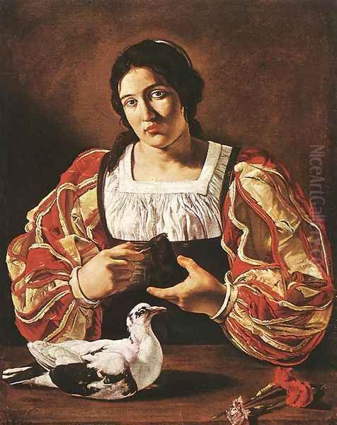 Woman with a Dove 1610s Oil Painting by Cecco Del Caravaggio