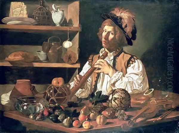 Interior with a Still Life and a Young Man Holding a Recorder Oil Painting by Cecco Del Caravaggio