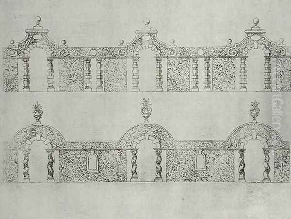 Topiary arcaded walkway designs from 'The Gardens of Wilton' c.1645 Oil Painting by Isaac de Caus