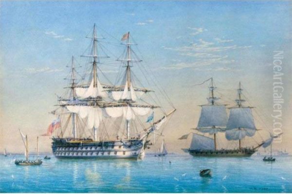 A Two-decker And An Armed Brig Off Great Yarmouth Oil Painting by George William Joy