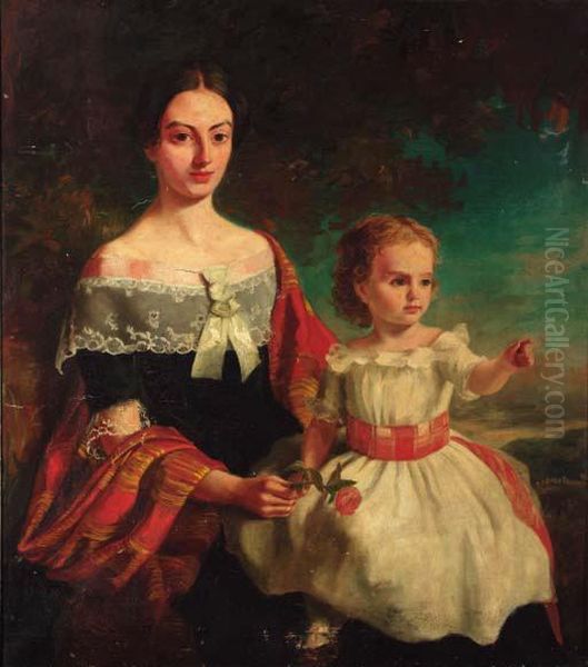 Portrait Of Mrs Threshie And Her
 Daughter Luary Helen Threshie,three-quarter-length, The Mother In A 
Black Dress With Lacetrimming, Holding A Rose, And The Child Seated On 
Her Lap In Awhite Dress, In A Landscape Oil Painting by Thomas Musgrove Joy