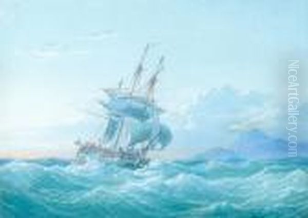 A Naval Frigate In Heavy Seas Off A Rockycoast Oil Painting by William Joy