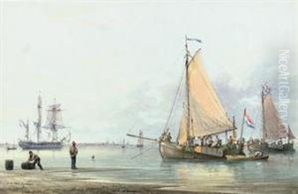 Dutch Barges Lying Off Great Yarmouth Oil Painting by William Joy