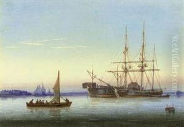 A Frigate Moored Alongside A Hulk With A Small Ferry Passingby Oil Painting by William Joy