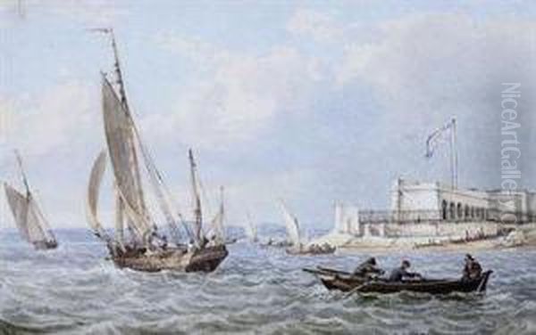 Small Craft Running Out Of Portsmouth Harbour With The Tide, Fortblockhouse Beyond Oil Painting by William Joy