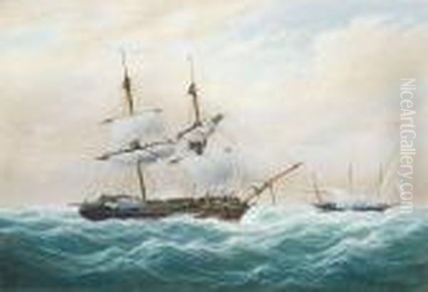 A Merchant Brig Running Past A Spanish Xebec In A Lively Swell Oil Painting by William Joy