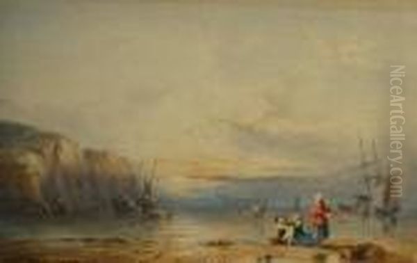 Figures Gathering From The Beach With Distant Vessels At Sunset Oil Painting by William Joy