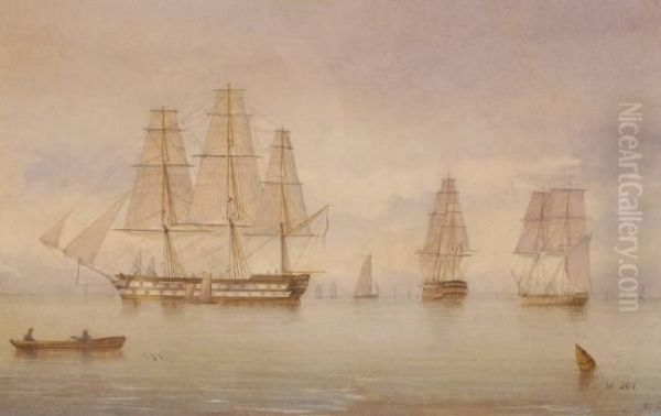 Battle Shipsin Harbour Oil Painting by William Joy