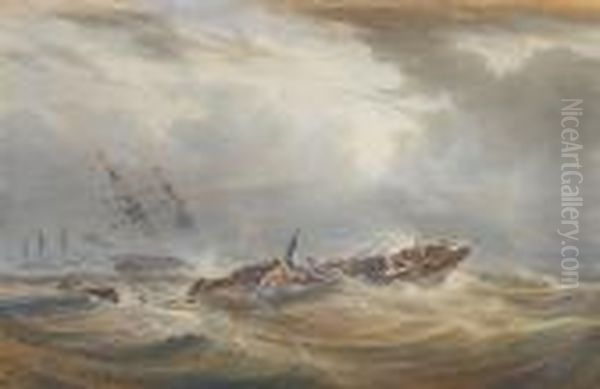 A Dismasted Vessel In The Teeth Of A Storm Oil Painting by William Joy