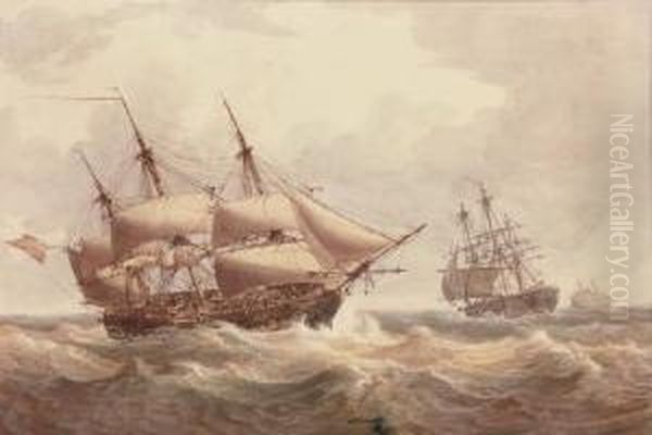 A Naval Squadron Reefed Down For
 The Impending Storm (illustrated); And A Brig Arriving At Her Anchorage Oil Painting by William Joy