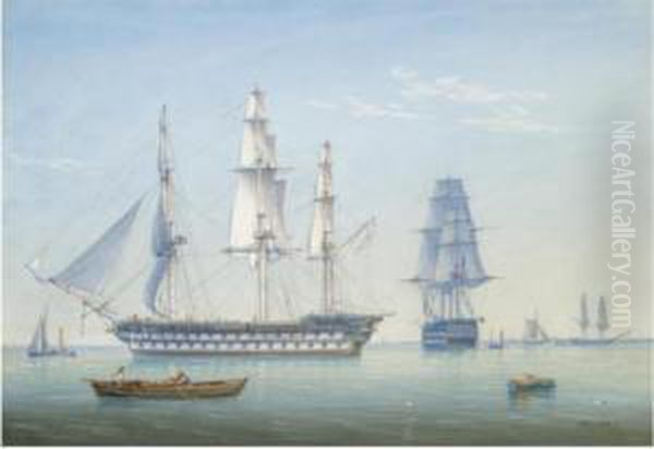 Two 64-gun British Men-of-war Ships In A Calm With Other Shipping Oil Painting by William Joy