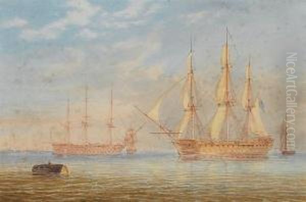 A Third Rate Of 74-guns Coming 
To Anchor In Spithead With Other Ships Of The Fleet Nearby Oil Painting by William Joy