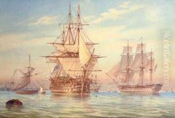 A Man O'war And Other Shipping Oil Painting by William Joy