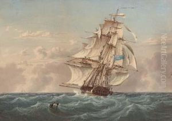 A Royal Naval Two-decker Heaving-to To Pick Up A Manoverboard Oil Painting by William Joy