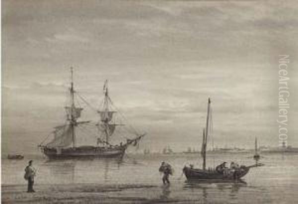 A Trading Brig Lying At Anchor Off Yarmouth Oil Painting by William Joy