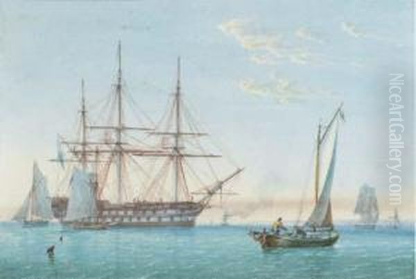 A Royal Naval Two-decker Lying In Spithead With Small Craftnearby Oil Painting by William Joy