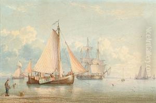 Dutch Fishing Boats At Anchor Off An Estuary Oil Painting by William Joy