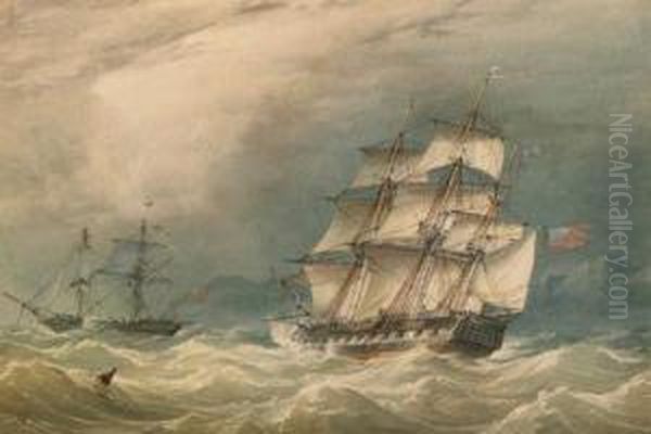 A Frigate And Other Shipping Off A Rocky Coast Oil Painting by William Joy