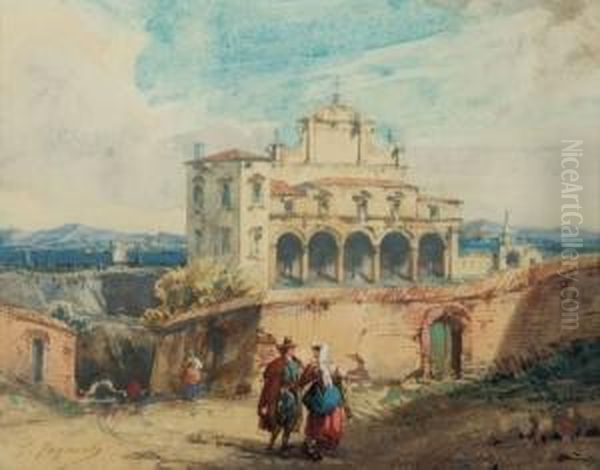 Veduta Di Villa Nel Lazio Con Figure Di Contadini Oil Painting by Jules Romain Joyant