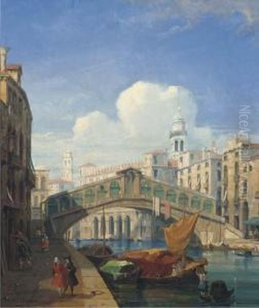 Figures Before The Rialto Bridge, Venice Oil Painting by Jules Romain Joyant