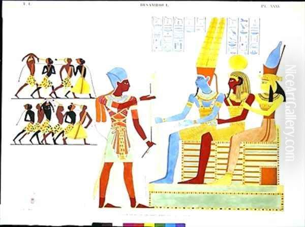 A Pharaoh in military costume offers a group of prisoners to the Gods l to r Amon Khonsu and Mut Oil Painting by Jean Francois Champollion