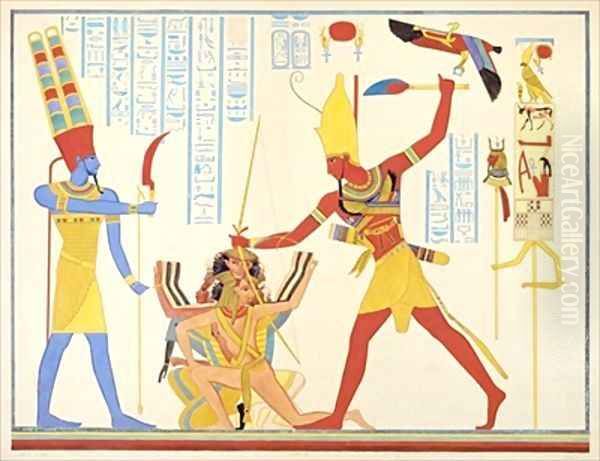 The God Amun offers a sickle weapon to the pharaoh Ramesses III as he strikes two captured enemies Oil Painting by Jean Francois Champollion